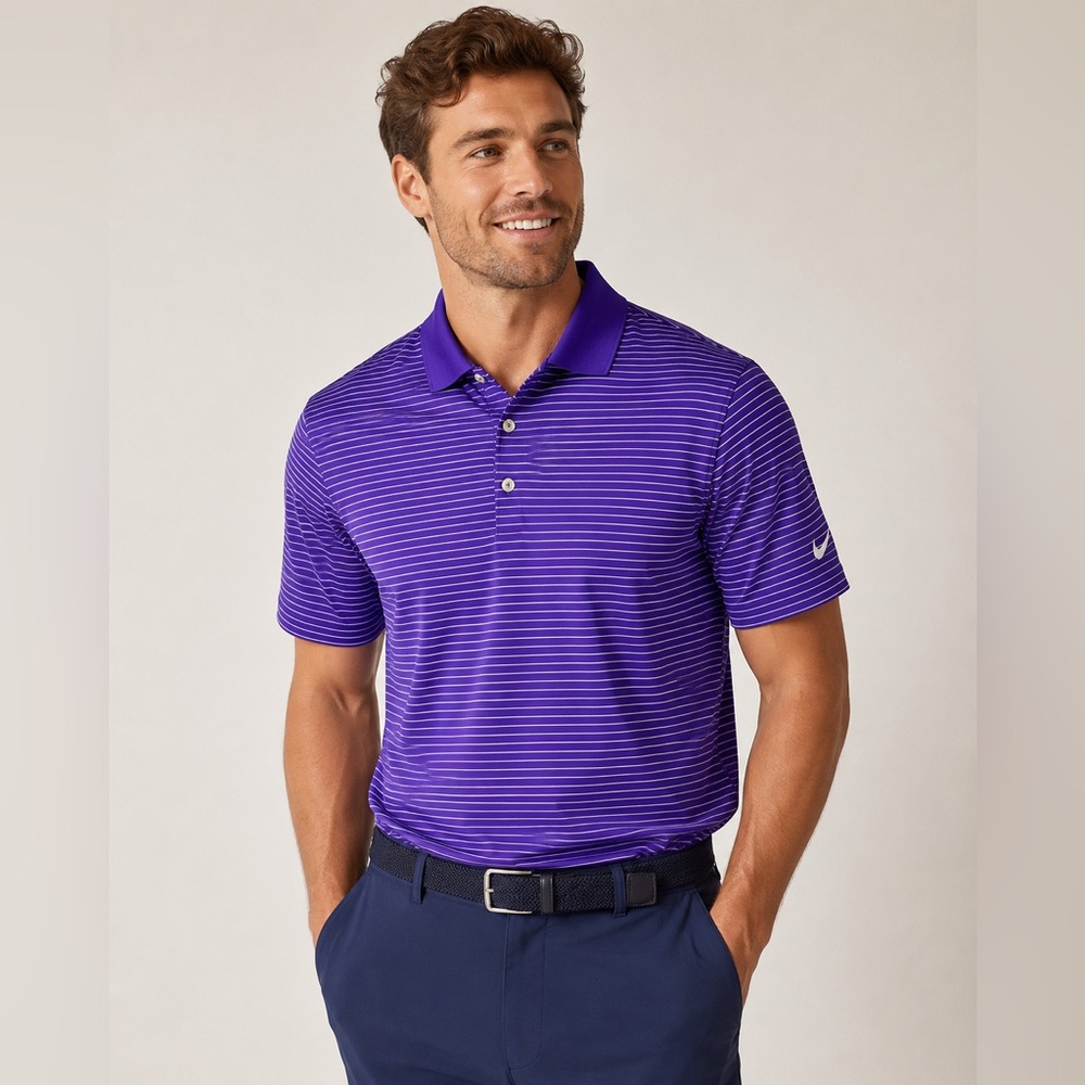 Nike Golf Dri-FIT Polo Shirt Men’s Large Purple White Striped Tour Performance